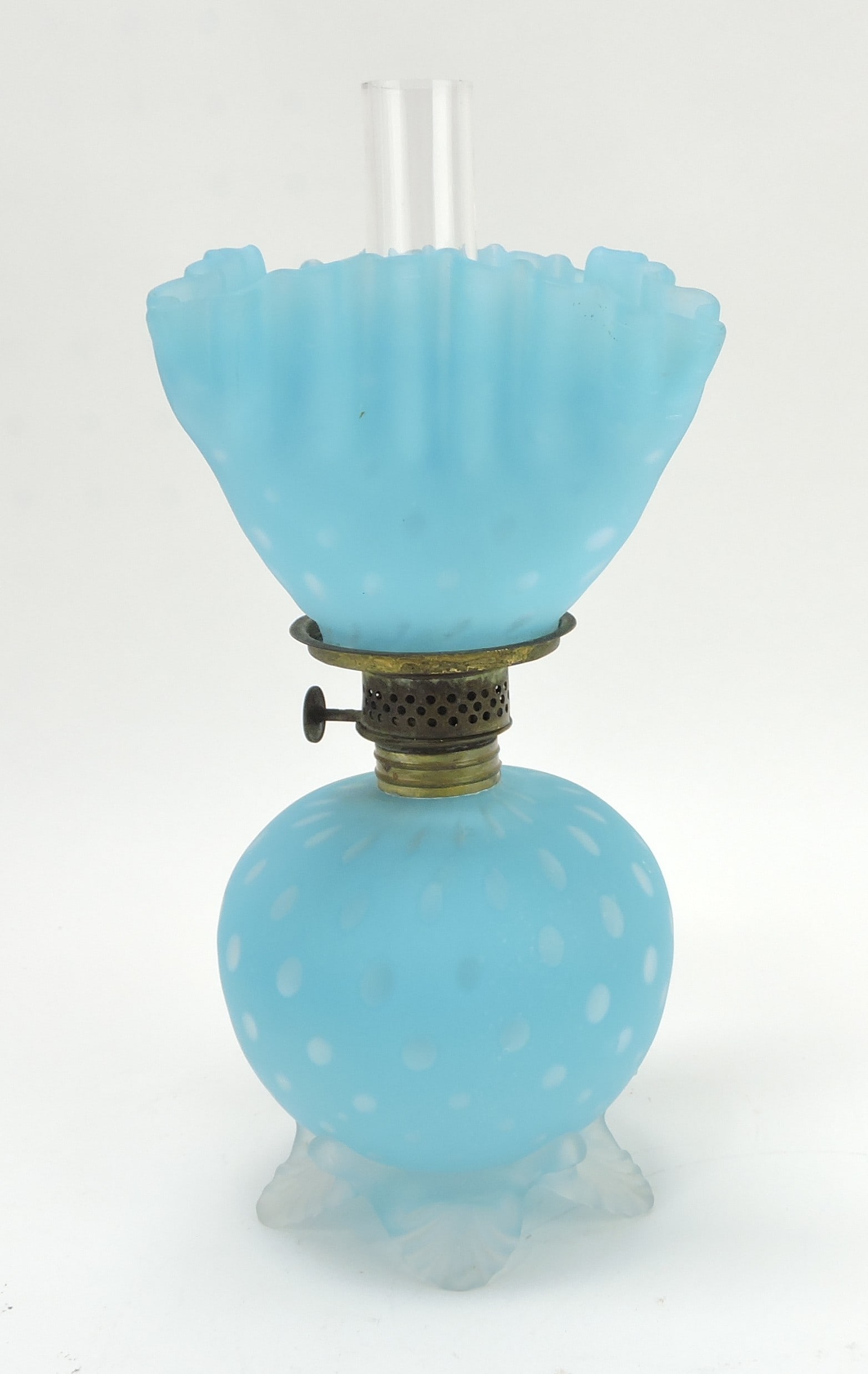 Blue satin raindrops miniature: oil lamp, 8"