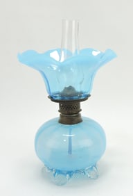 Blue opalescent miniature oil lamp