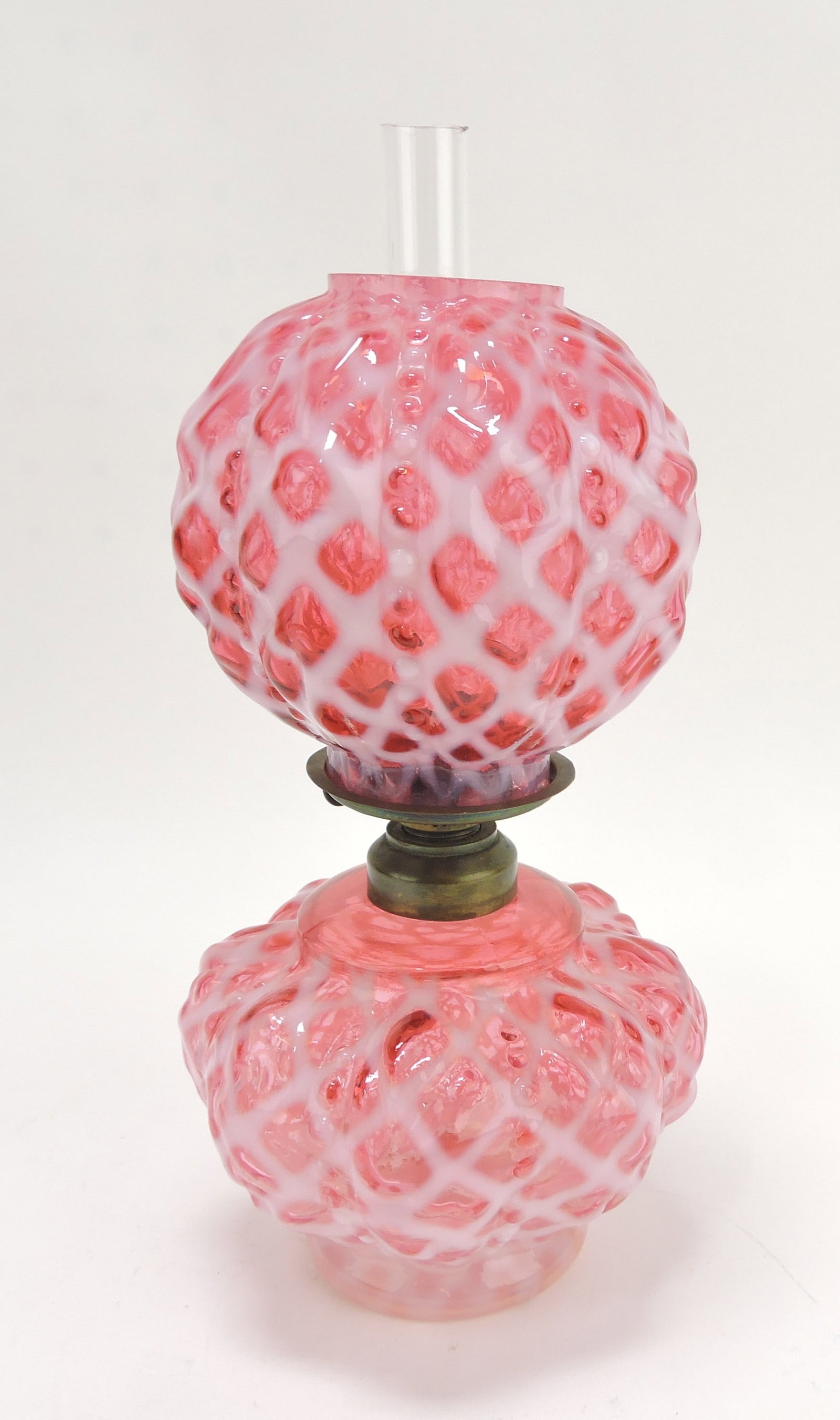 Cranberry opalescent lattice miniature: oil lamp, 9 1/2"