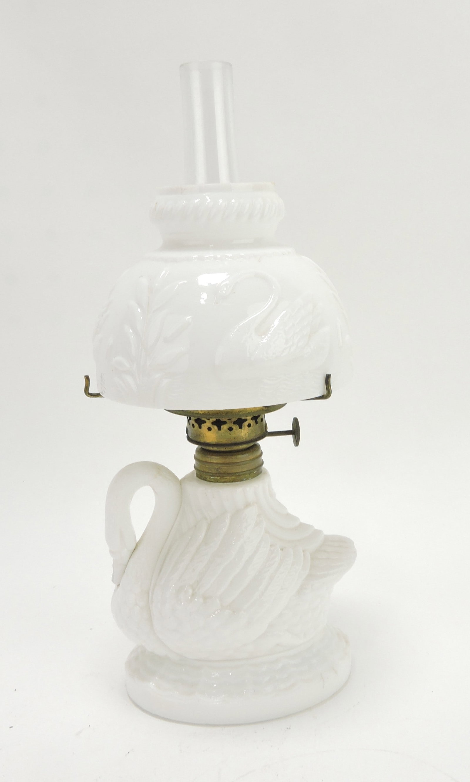 Atterbury milk glass swan miniature: oil lamp, 8", repair to shade