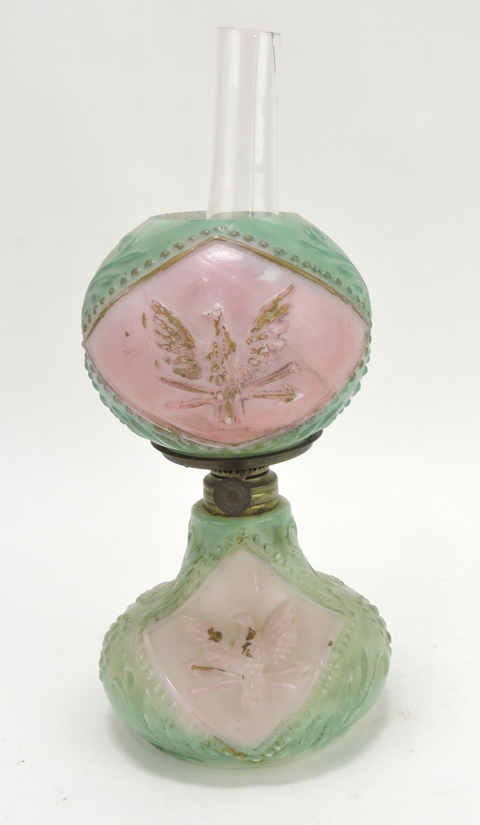 Milk glass eagle embossed miniature: oil lamp, Smith p130 fig 275