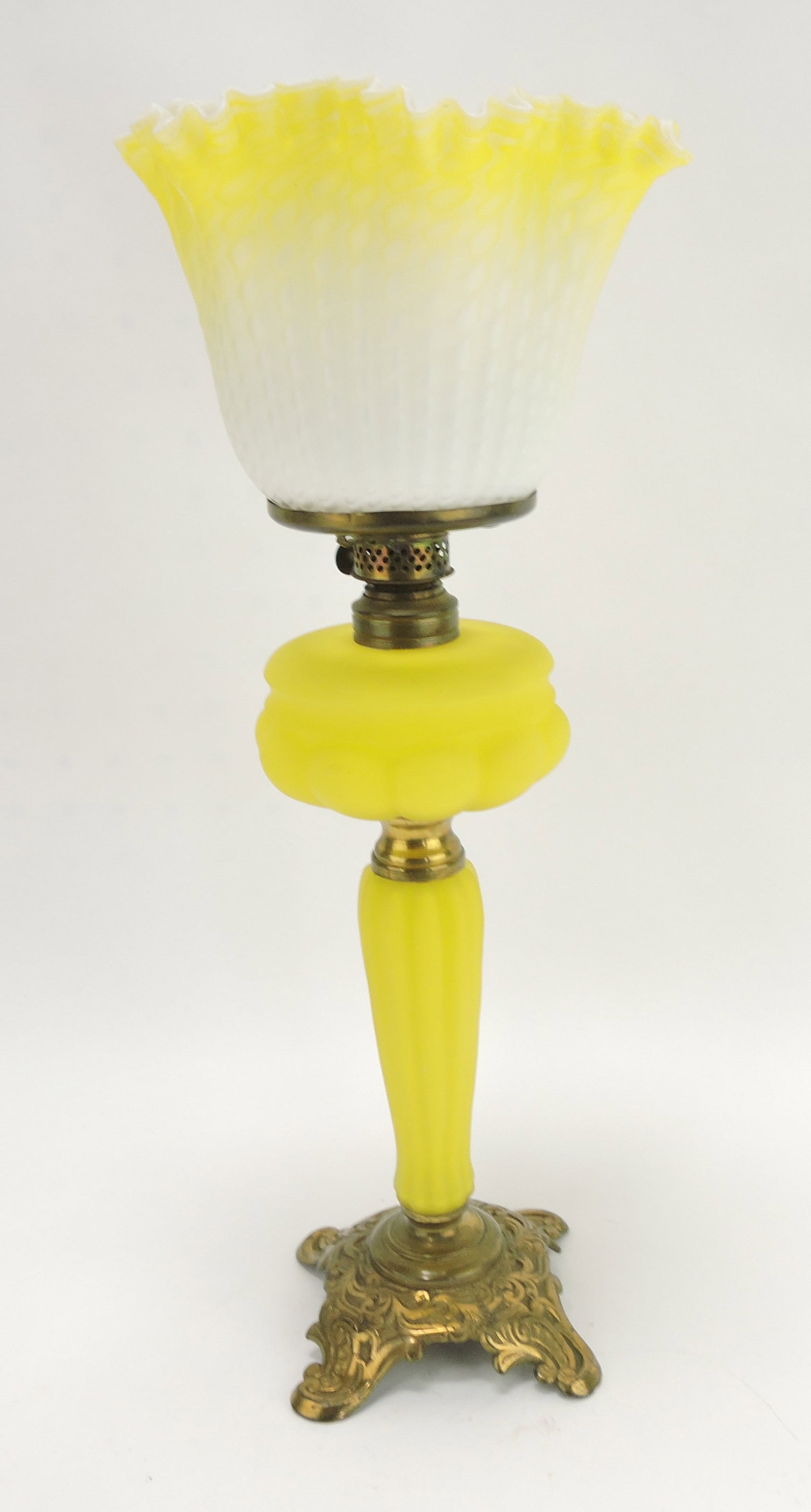 Yellow satin glass miniature: banquet lamp, 17"