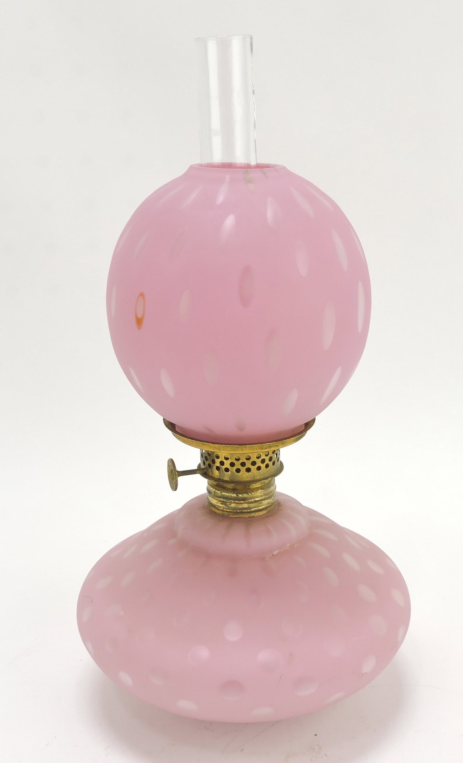 Pink satin rain drops miniature: oil lamp, 8 1/2"