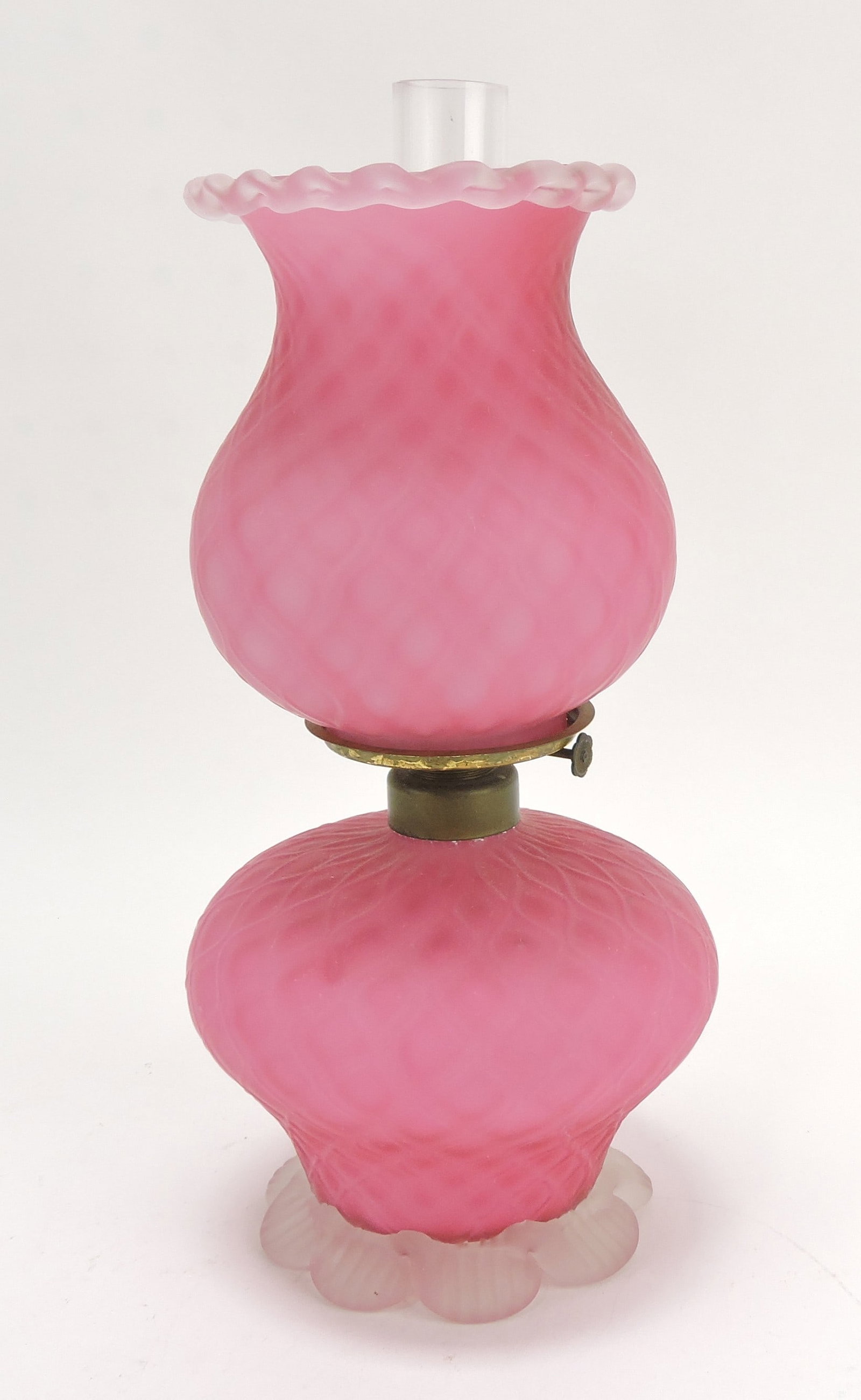 Pink satin glass miniature oil lamp,: 9"