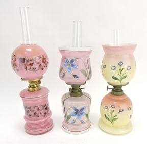 Milk glass lot of 3 miniature oil lamps,