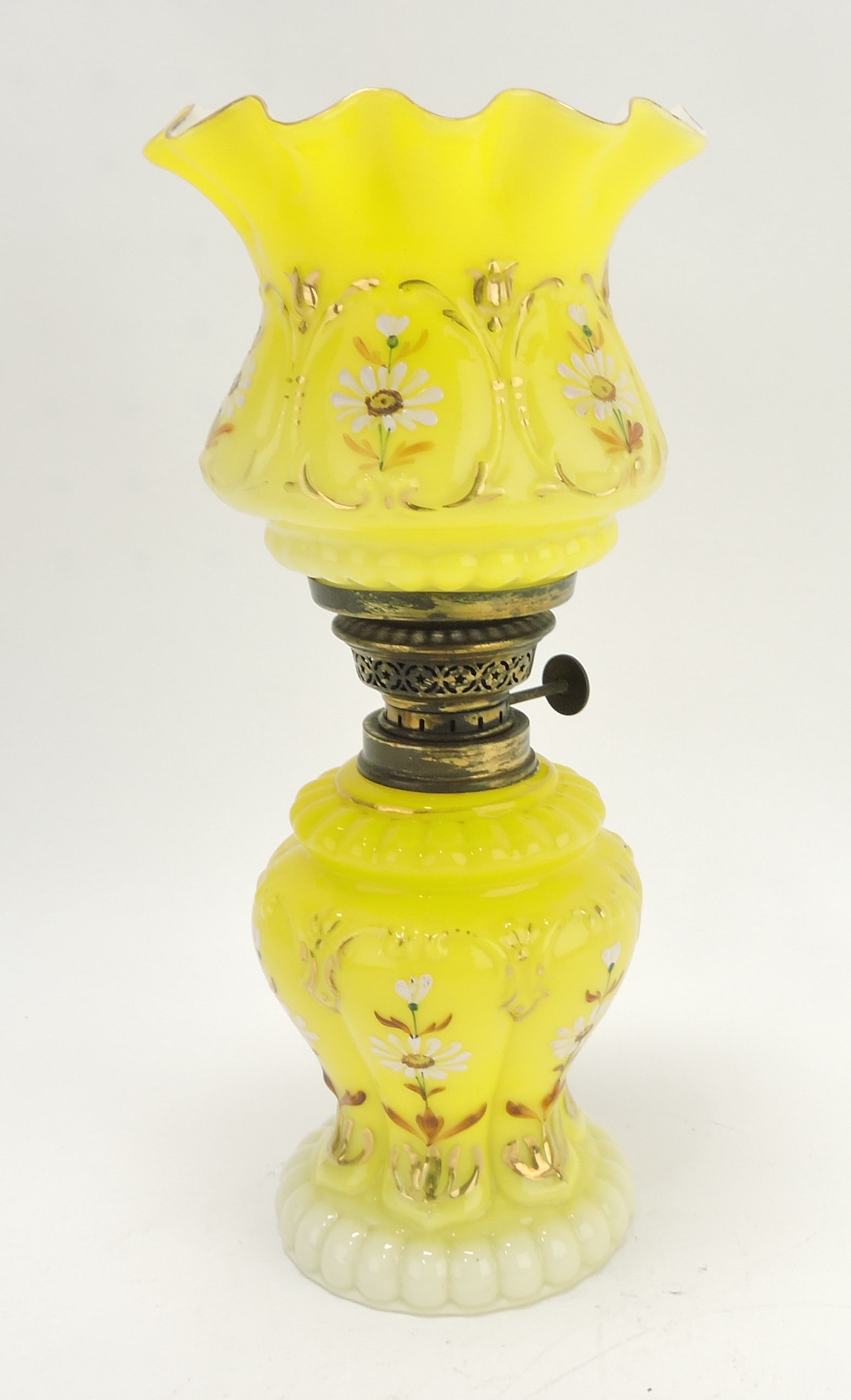Yellow floral enamel embossed: miniature oil lamp, 10 1/2", rim nick to shade