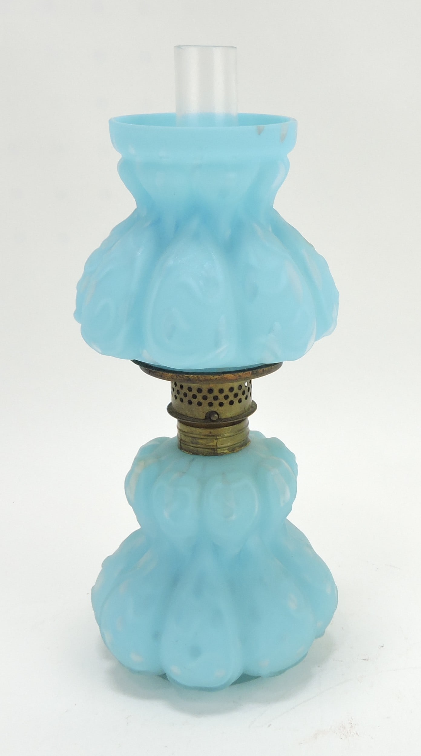 Blue satin embossed miniature: oil lamp, 8 1/4", brown spot on shade
