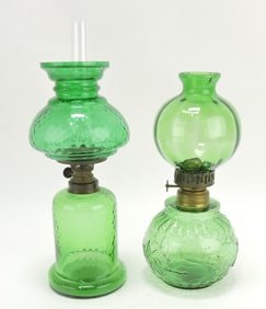 Green lot of 2 miniature oil lamps,