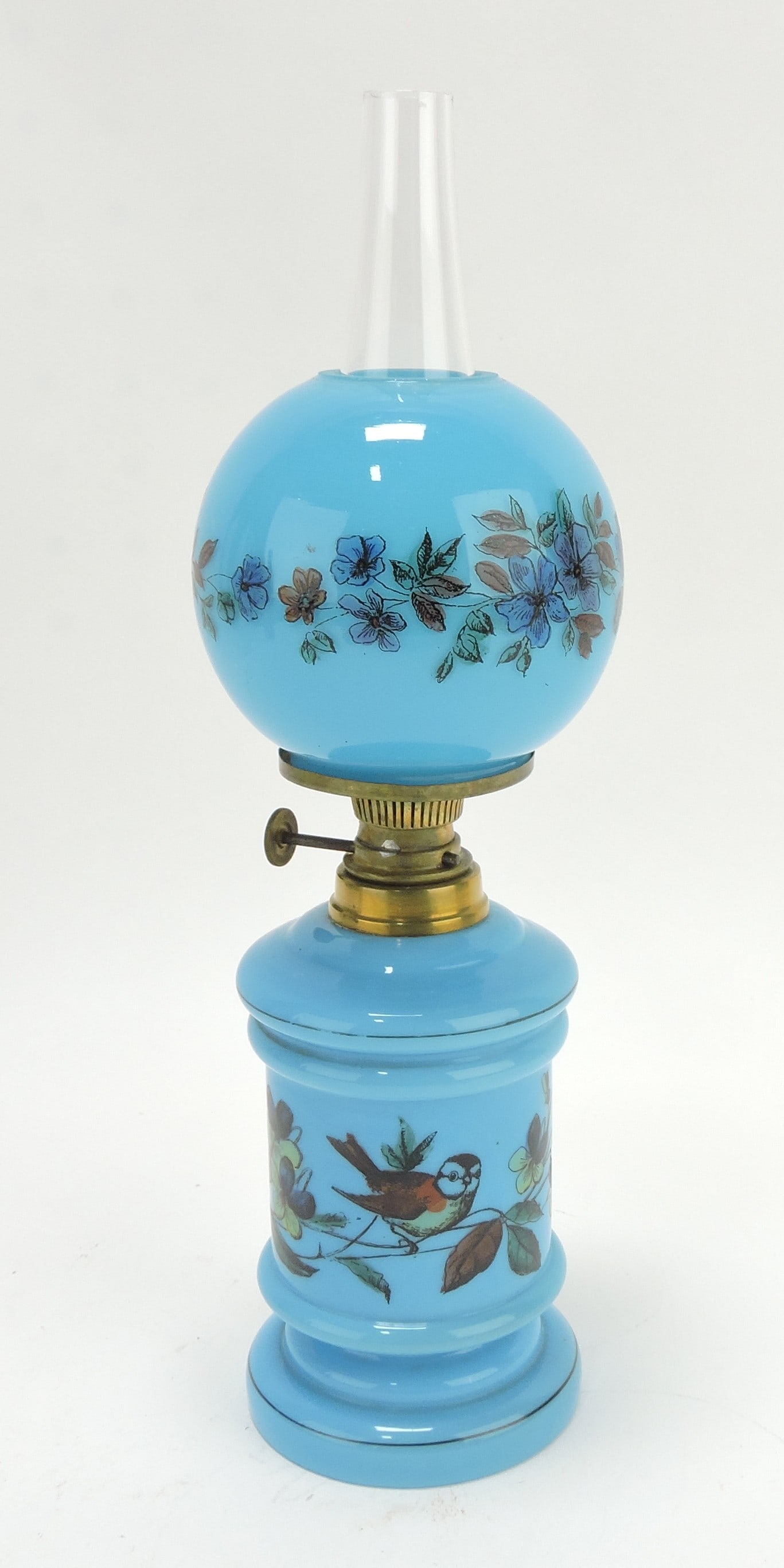 Blue opaque bird and floral enamel: miniature oil lamp, 8 1/2"