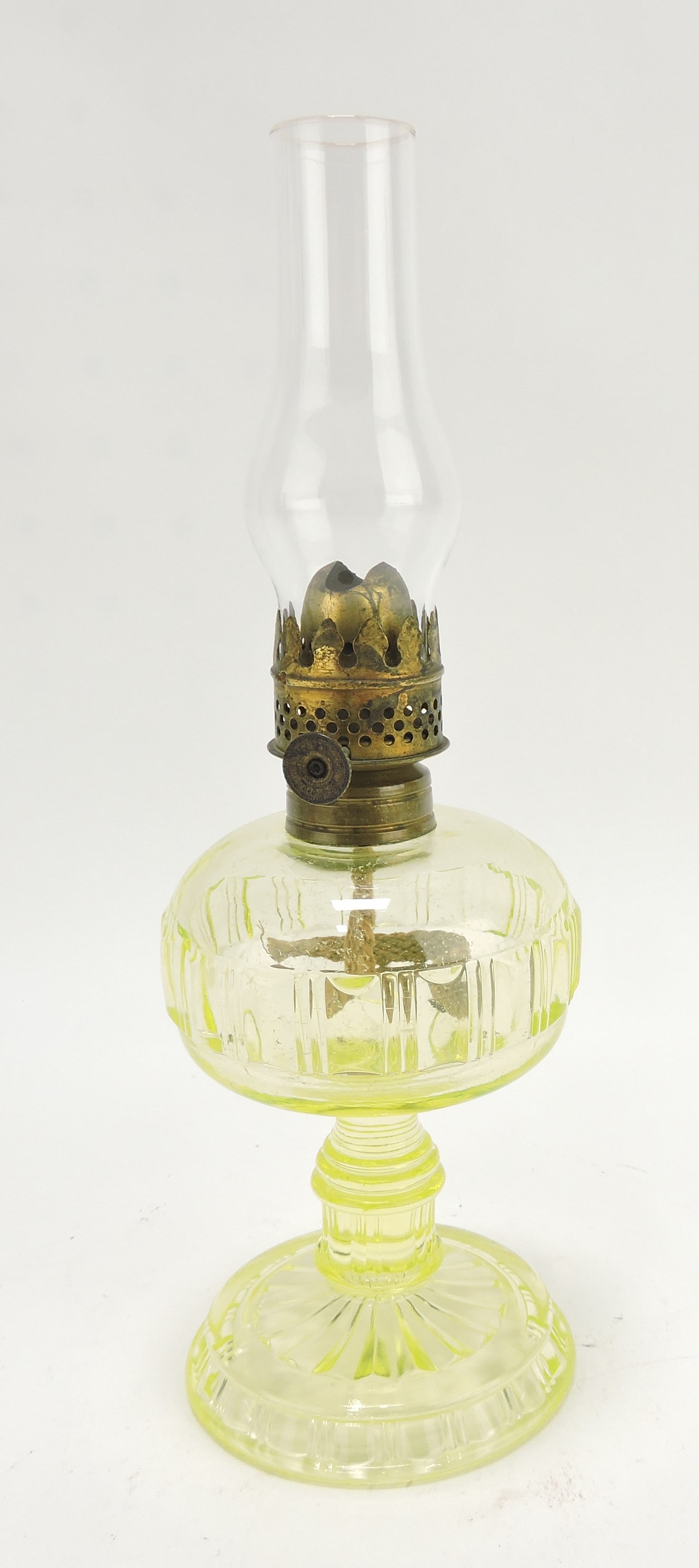 Vaseline uranium glass miniature: oil lamp, 5"