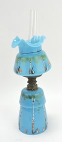 Blue opaque miniature oil lamp,