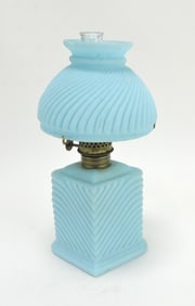 Blue satin glass miniature oil lamp
