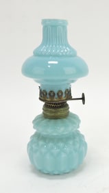 Blue opaque miniature oil lamp,