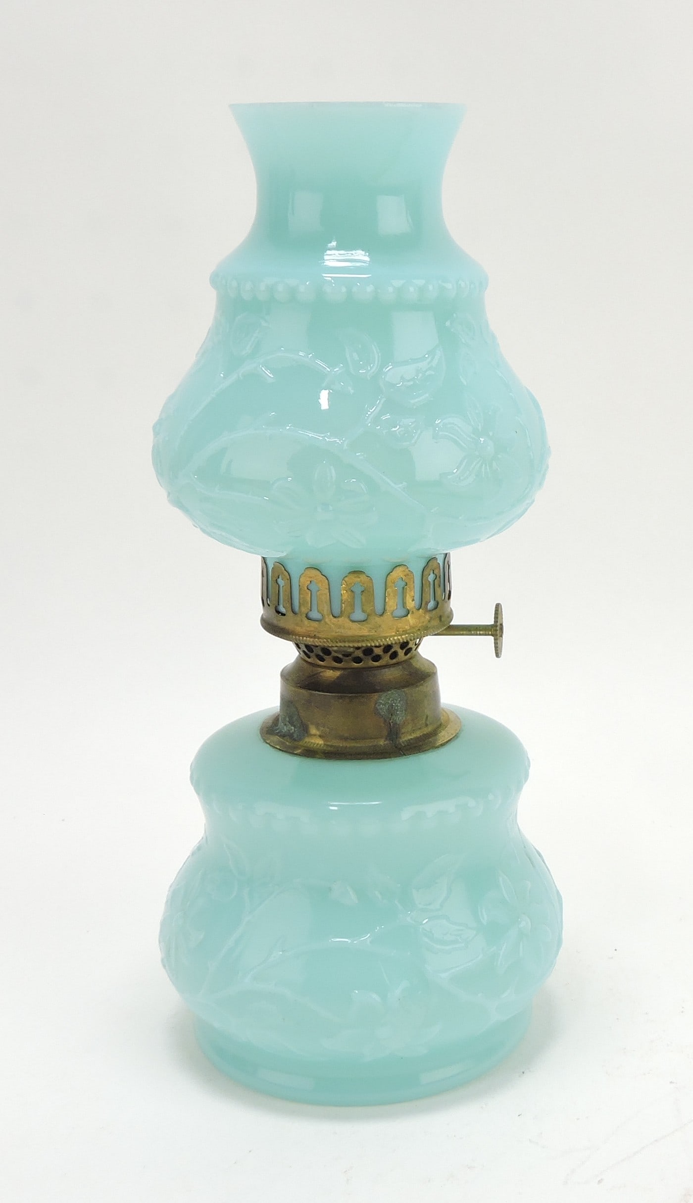 Aqua opaque miniature oil lamp,: 8 1/4"
