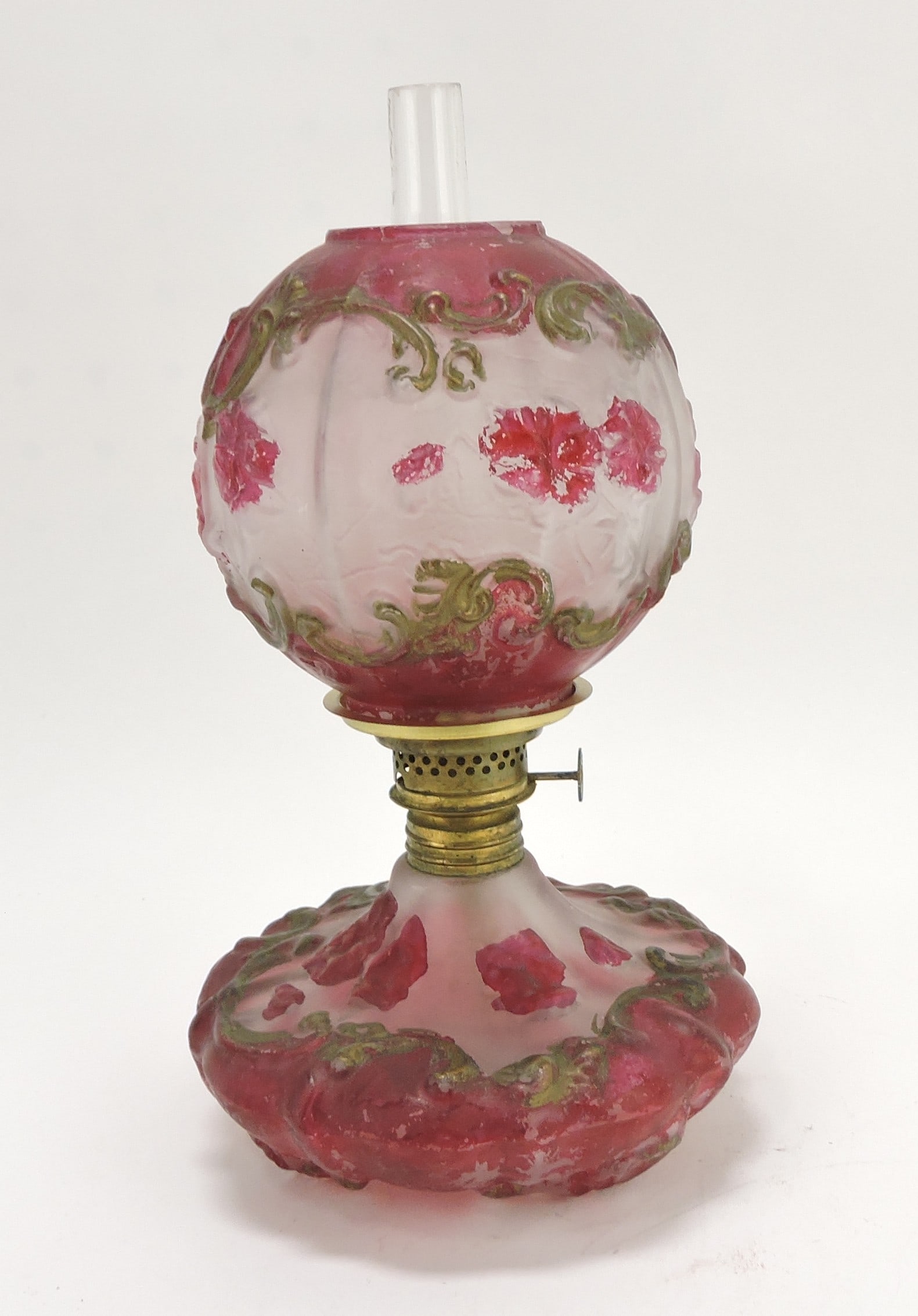 Satin glass red/gold cold painted: motif miniature oil lamp, 8 1/2"