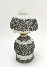 Milk glass ribbed miniature oil lamp