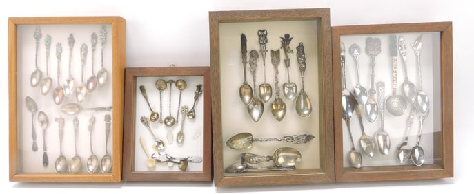 Lot of 4 frames of spoons, many sterling,