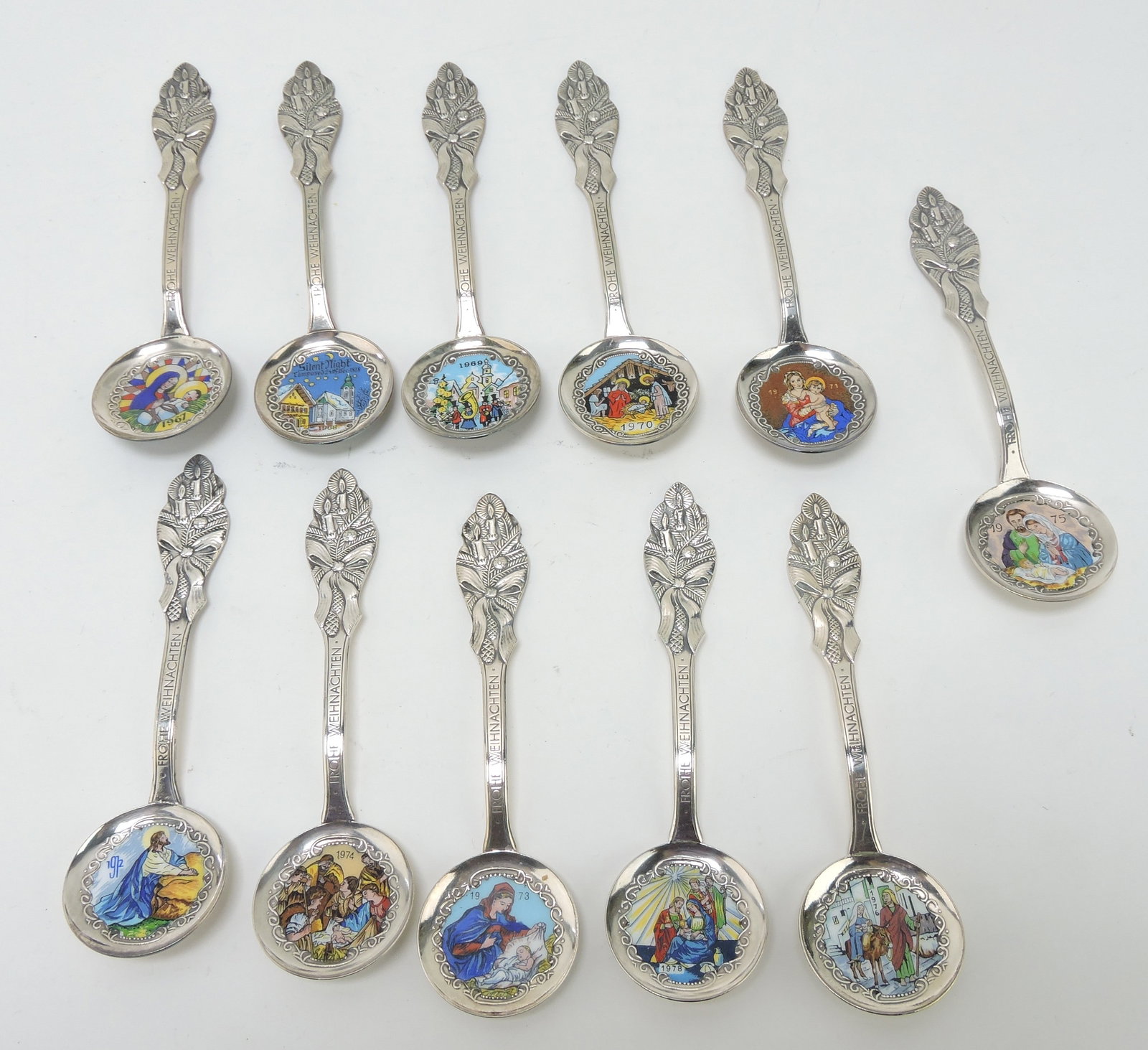 Set of 11 German enameled Christmas: spoons, 5"