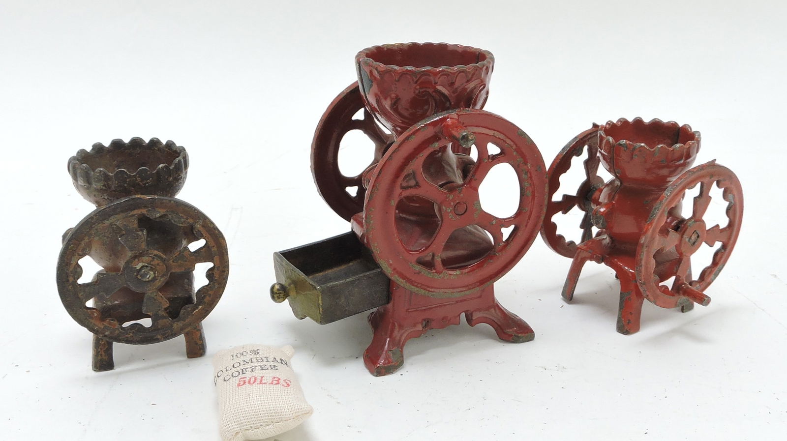 Cast iron lot of 3 child's coffee grinders, (1 of 1)