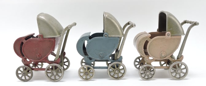 Kilgore cast iron lot of 3 doll carriages,