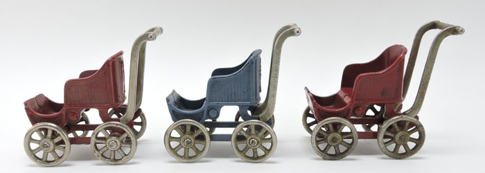 Kilgore cast iron lot of 3 doll strollers,