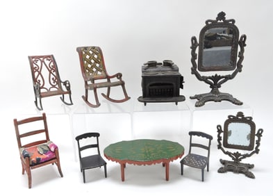 Cast iron lot of 9 doll house furnishings,