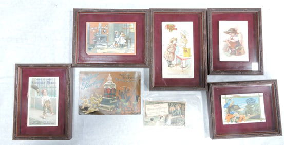 Lot of 7 trade cards, five in frames,