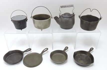 Cast iron lot of 8 child's pots & pans,