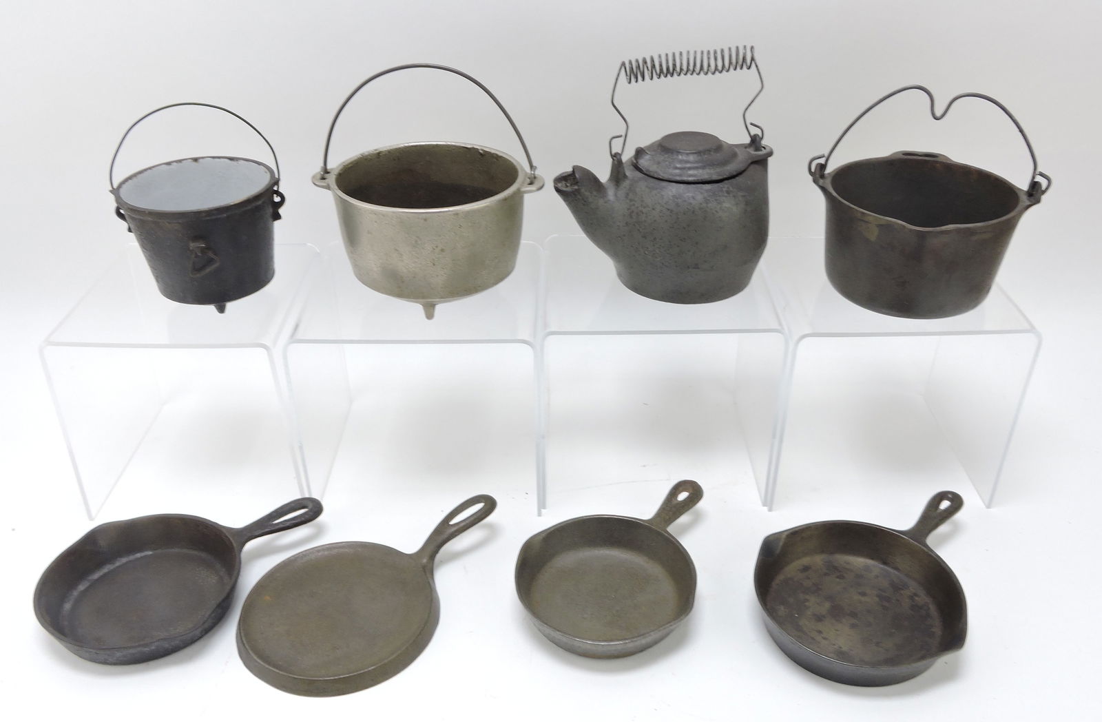 Cast iron lot of 8 child's pots & pans, (1 of 2)