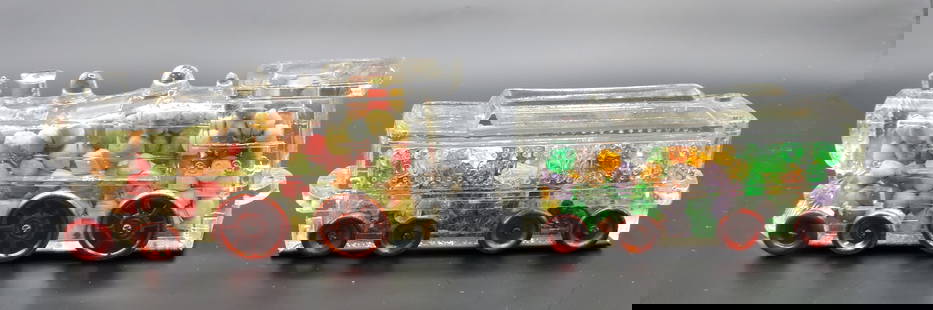 Train locomotive and tender: glass candy container with metal wheels, 5" and 4 1/2"