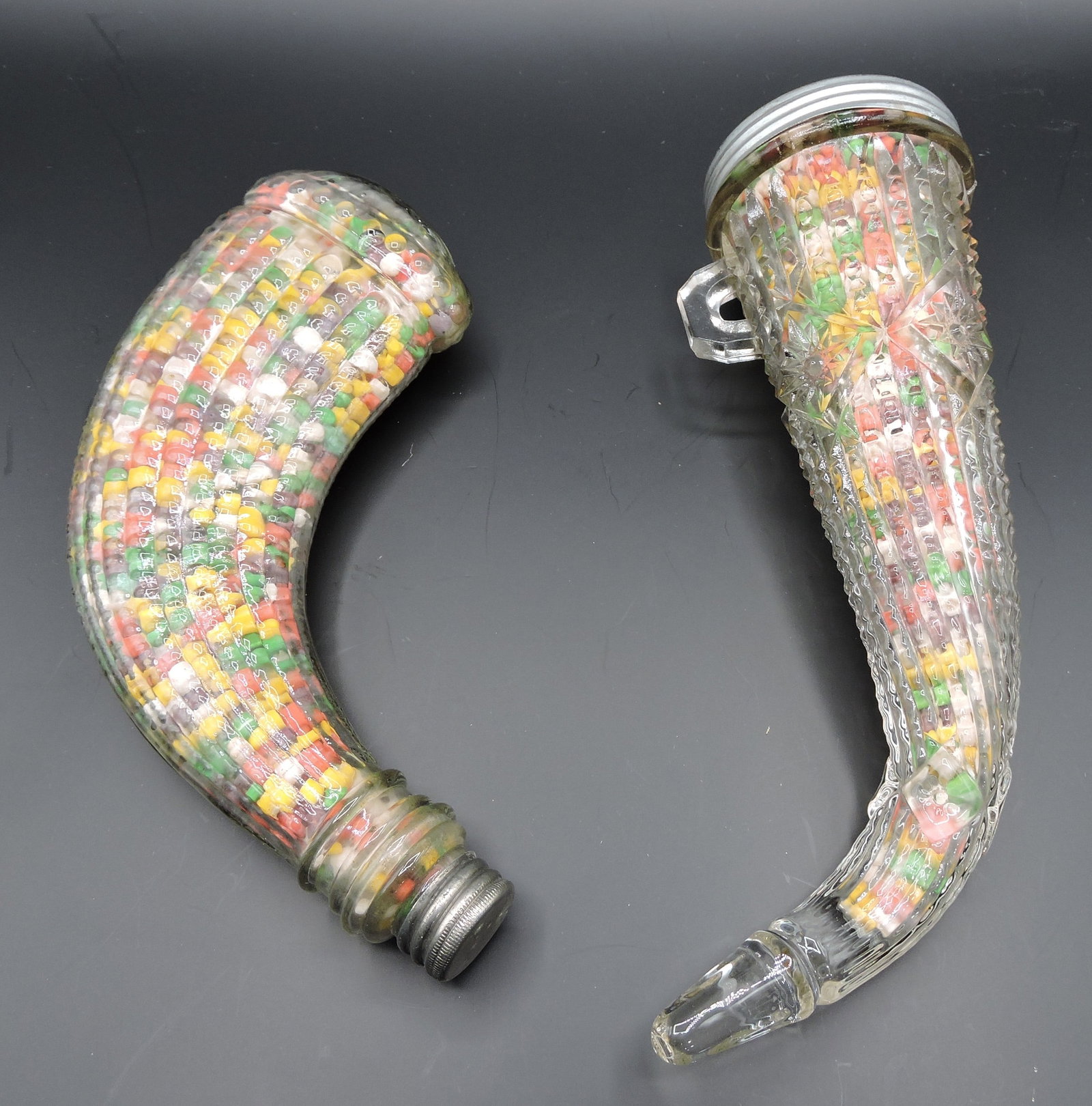 Lot of 2 cornucopia glass candy: containers, 8 1/2"