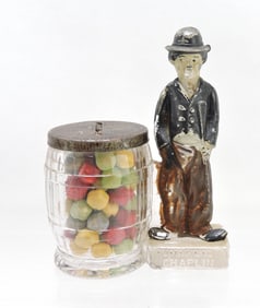'Charlie Chaplin' glass candy container,