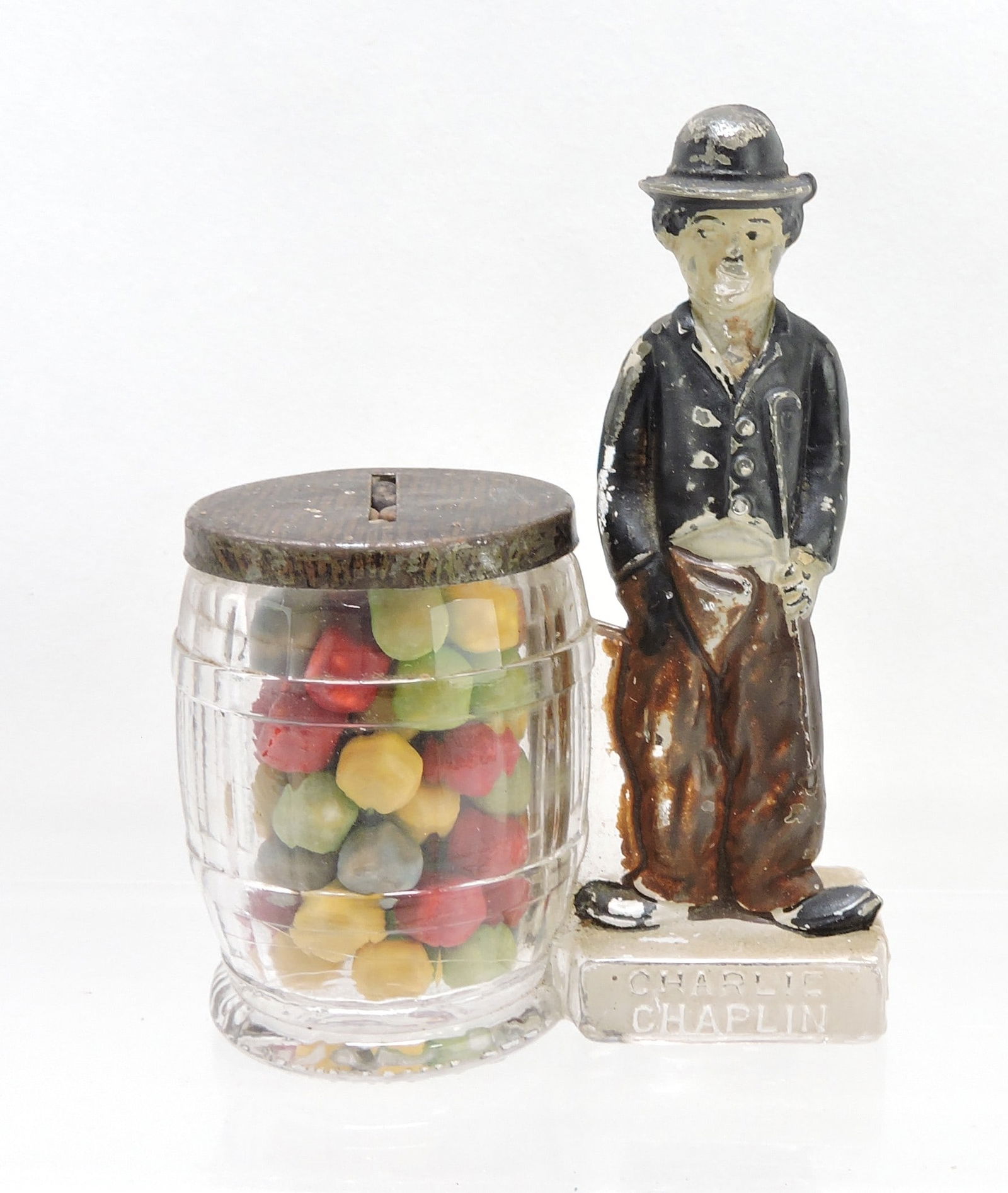 'Charlie Chaplin' glass candy container, (1 of 2)