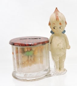 'Kewpie' glass candy container,