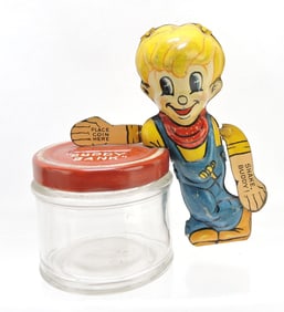 'Buddy' glass/tin litho candy container/