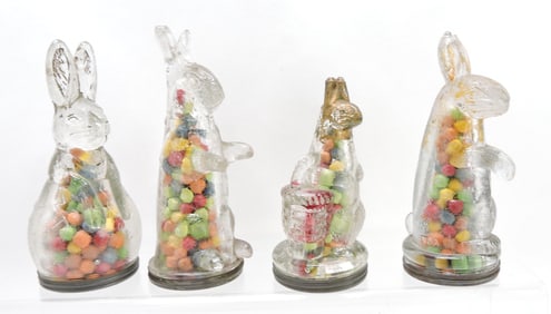 Lot of 4 rabbit glass candy containers,
