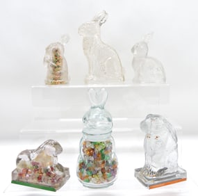 Lot of 6 rabbit glass candy containers,
