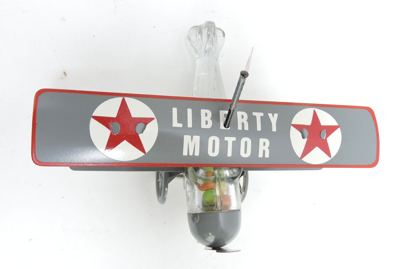 Rare Liberty Motor airplane glass: candy container, 5"l, 6 1/4"w, replaced metal wings, wheels and cap