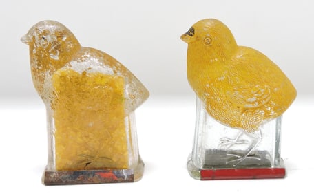 Lot of 2 chick glass candy containers,