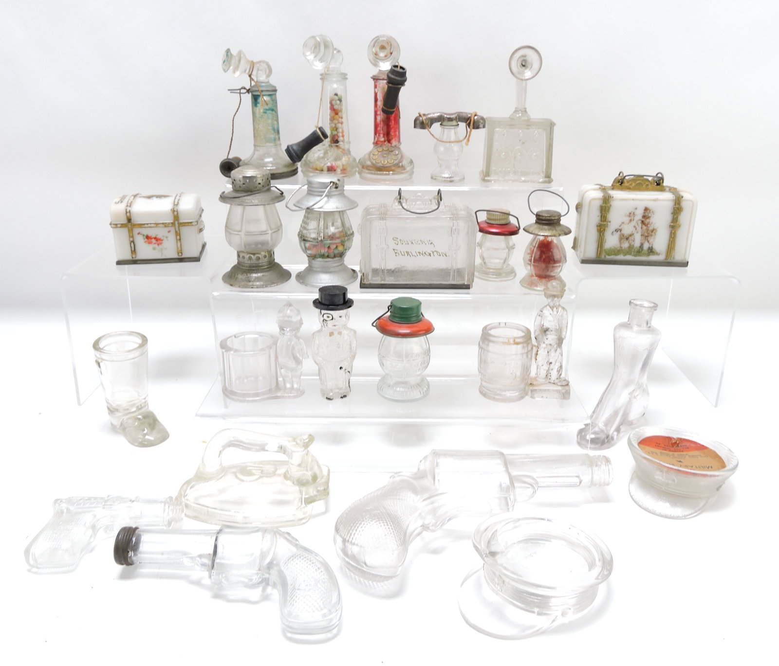Lot of 24 glass candy containers,: various condition