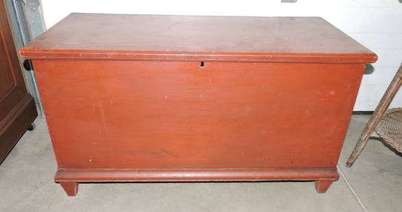 Ohio Mennonite red painted blanket chest: with glove box, beveled feet, dove tailed, 23"h, 41"w, 20"d