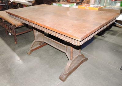 Oak and wicker library table,
