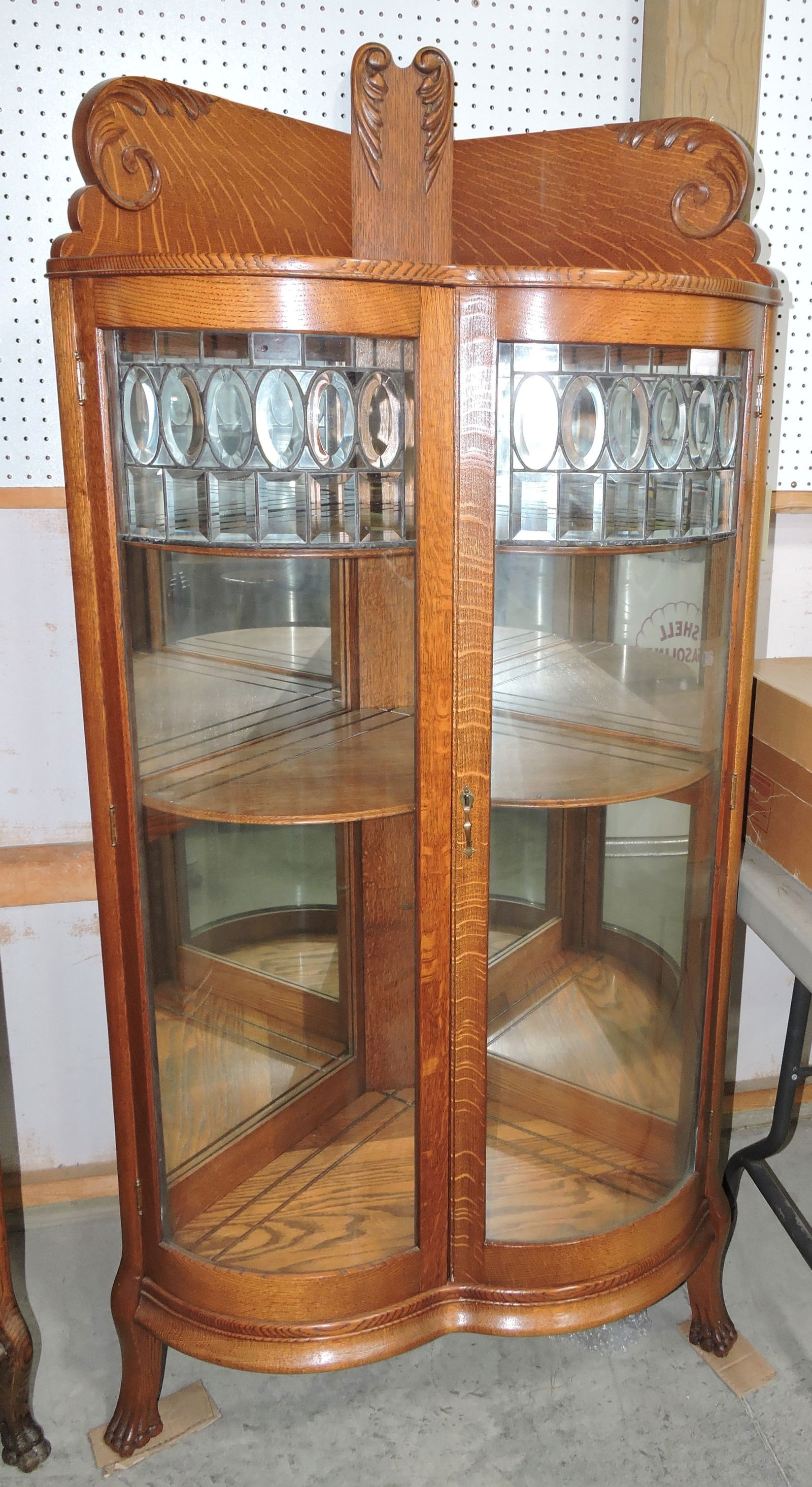 Magnificent oak curved glass corner: china cabinet with leaded beveled glass doors, full mirrored back, 71"h, 33"w