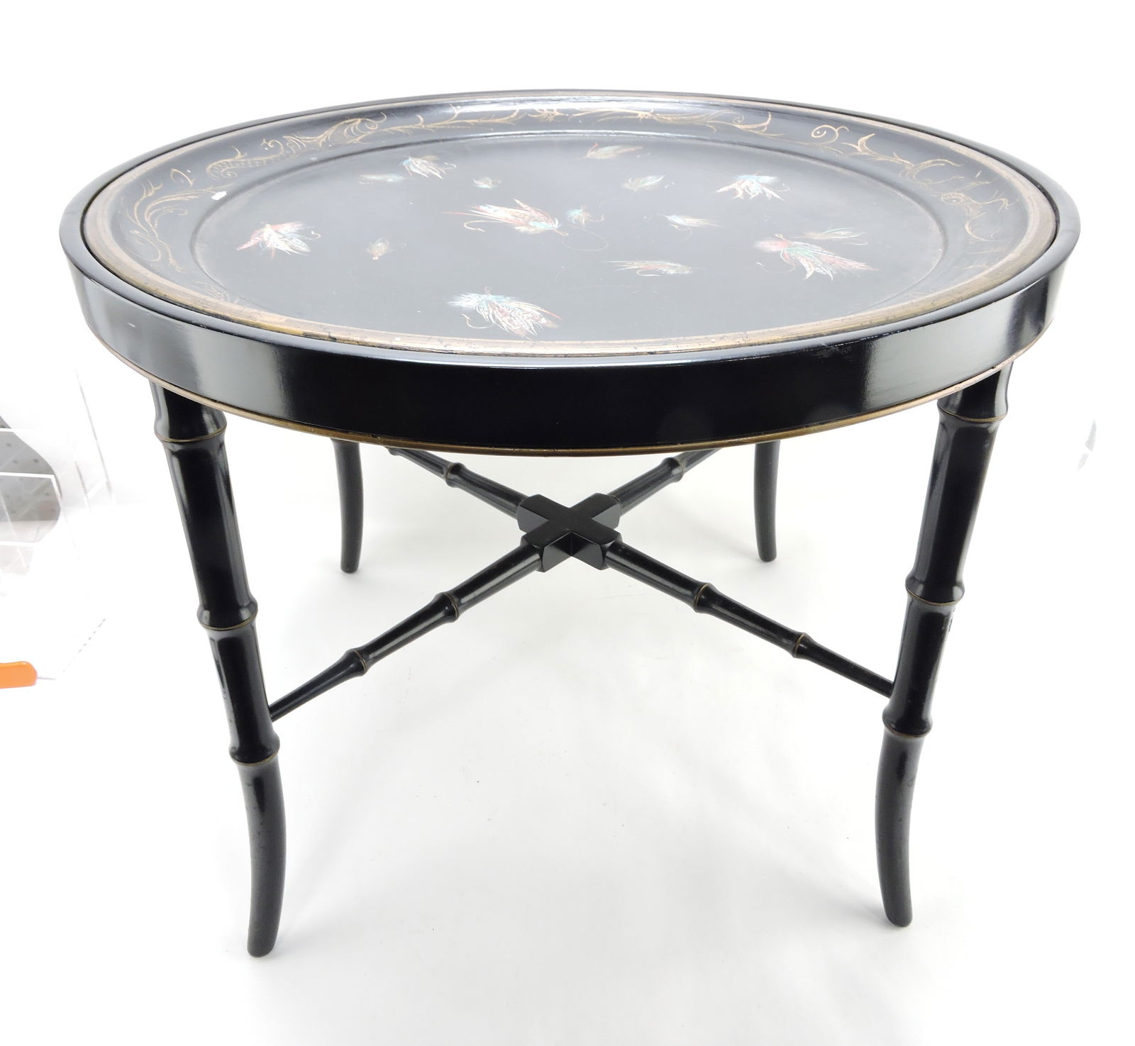 Black table with lift out metal Toleware (1 of 2)