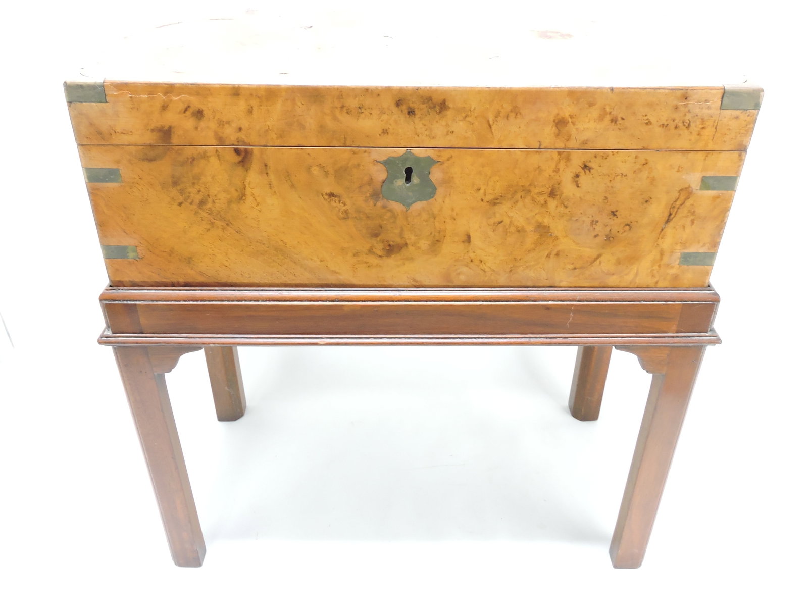 Traveling folding desk, 21"h, 21"w,: interior with leather inlay writing surface and small cubicles