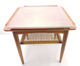 MCM side table with wicker mid shelf,