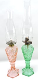 Lot of 2 oil lamps, one pink, the other