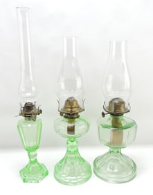 Lot of 3 green glass oil lamps,