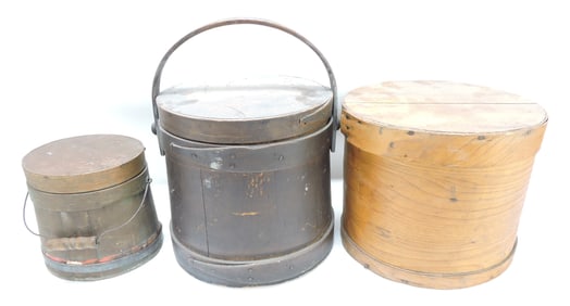 Lot of 2 sugar pails and one wooden