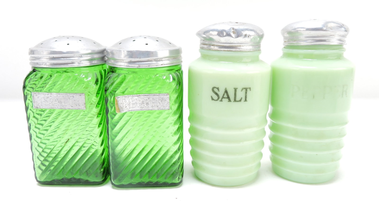 Lot of 2 pair of glass salt & pepper: shakers, 4 1/4" to 5"